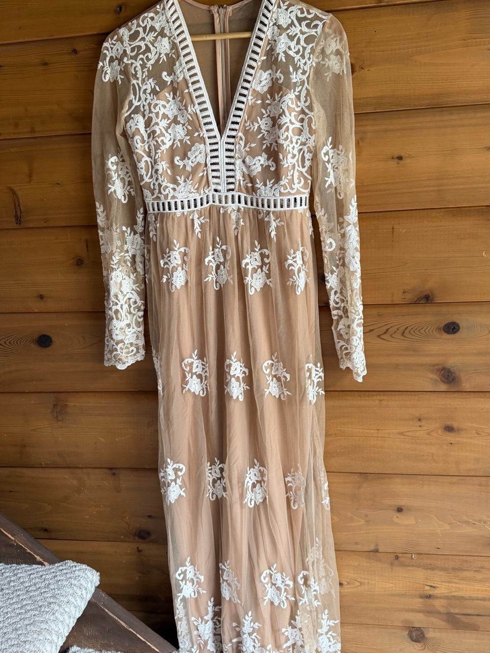 Sheer Beige Maxi Dress with White Lace Embroidery
